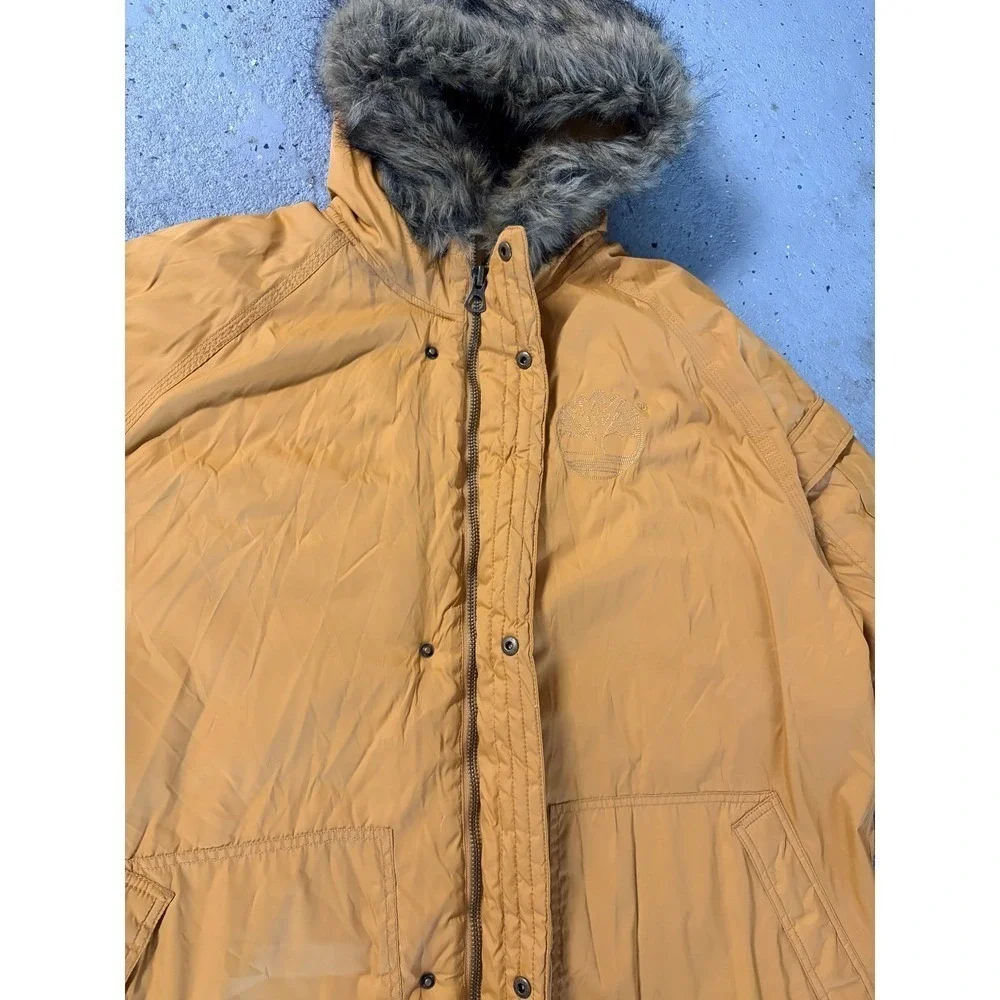 Timberland Rugged and Durable Mustard Yellow Faux Fur Hooded Parka Jacket Men XL